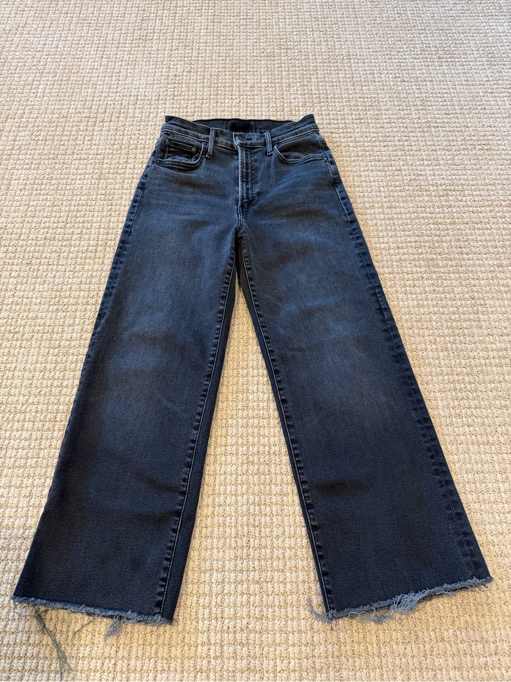 MOTHER The Rambler Zip Ankle Black Wide-Straight Jeans with Frayed Hem